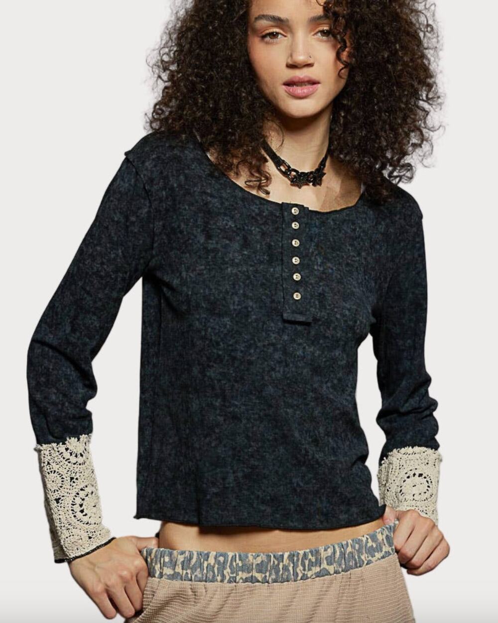 POL Black Long Sleeve Top with Crochet Cuffs Size Small